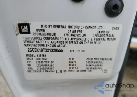 2002 Chevrolet Silverado K1500 from USA, damaged, VIN 2GCEK19T321328555